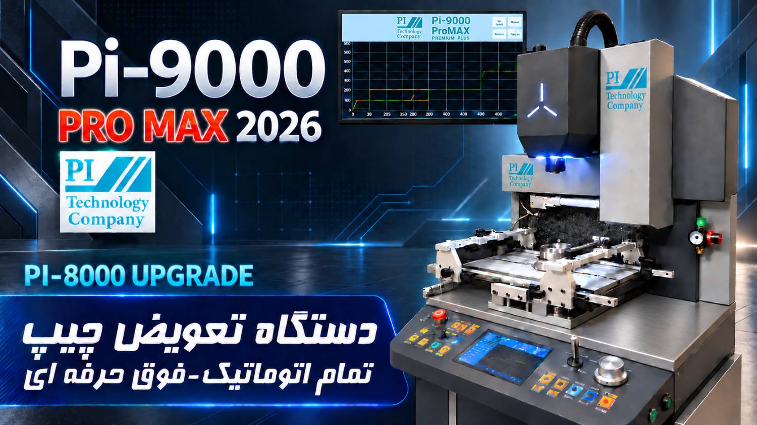 Ice-blue Pi-9000 monitor header.png دستگاه تعویض چیپ اتوماتیک BGA Pi-8000 Pro max (Pi 9000 Pro Max Plus) - تصویر 1